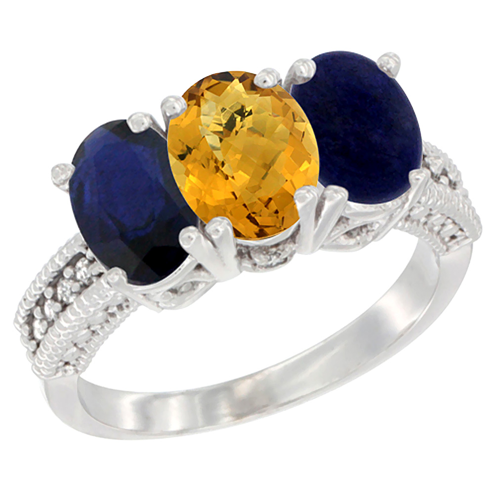14K White Gold Natural Blue Sapphire, Whisky Quartz & Lapis Ring 3-Stone 7x5 mm Oval Diamond Accent, sizes 5 - 10
