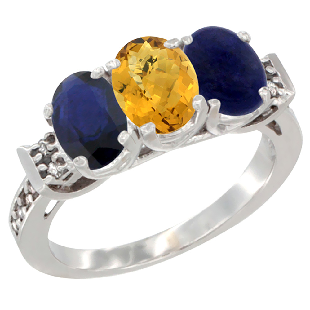14K White Gold Natural Blue Sapphire, Whisky Quartz & Lapis Ring 3-Stone Oval 7x5 mm Diamond Accent, sizes 5 - 10