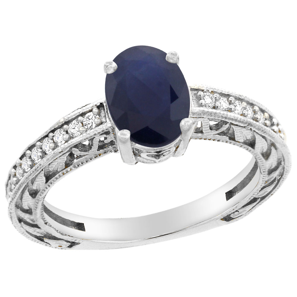 10K Gold Diamond Natural Quality Blue Sapphire Engagement Ring Oval 8x6 mm, size 5 - 10
