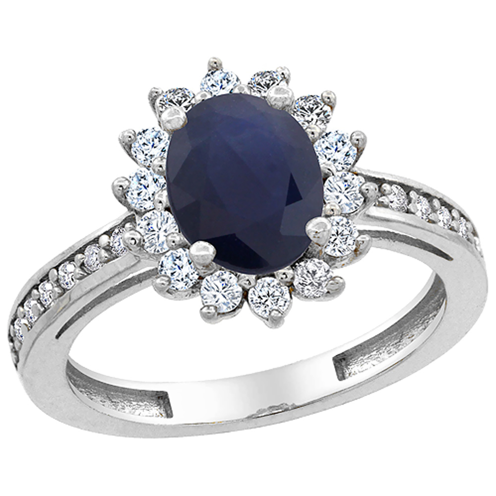 14K White Gold Natural Blue Sapphire Floral Halo Ring Oval 8x6mm Diamond Accents, sizes 5 - 10