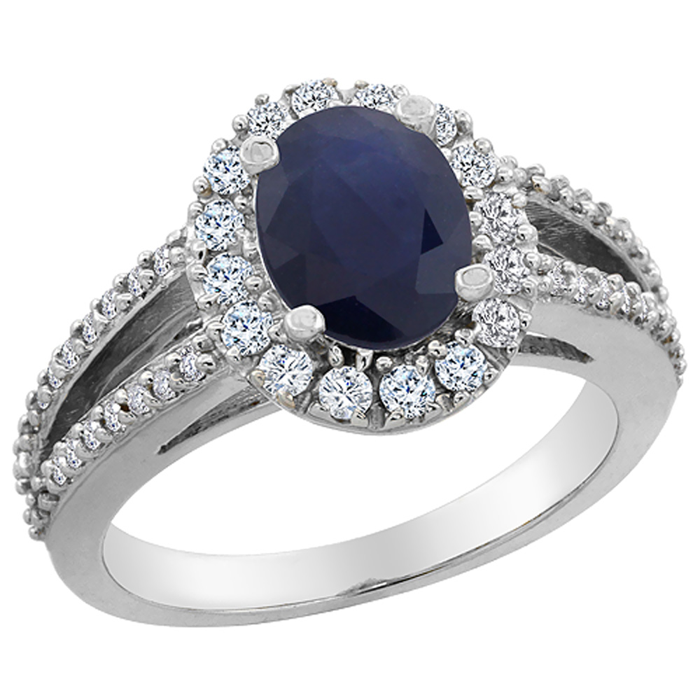 10K White Gold Natural Blue Sapphire Halo Ring Oval 8x6 mm with Diamond Accents, sizes 5 - 10