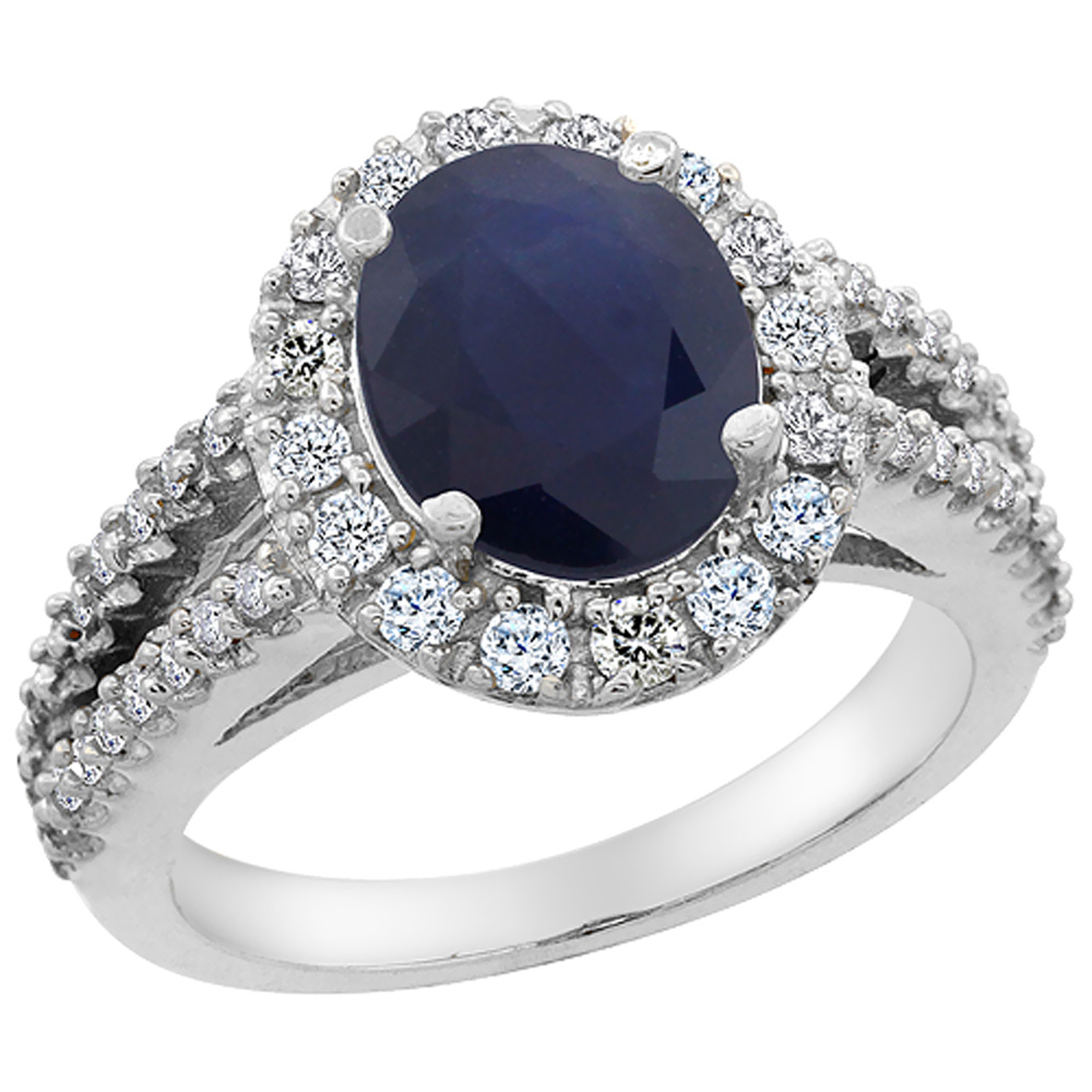 10K White Gold Diamond Natural Blue Sapphire Engagement Ring Oval 10x8mm, sizes 5-10