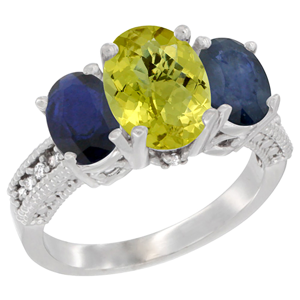 10K White Gold Diamond Natural Lemon Quartz Ring 3-Stone Oval 8x6mm with Blue Sapphire, sizes5-10