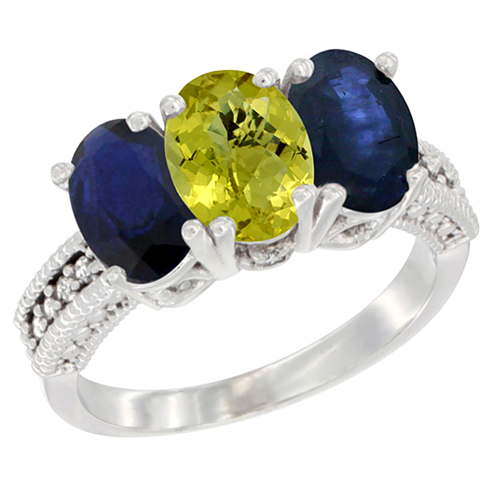 10K White Gold Diamond Natural Lemon Quartz & Blue Sapphire Ring 3-Stone 7x5 mm Oval, sizes 5 - 10