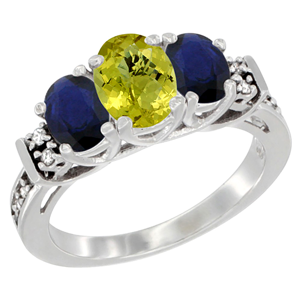 14K White Gold Natural Lemon Quartz&amp;Quality Blue Sapphire 3-stone Mothers Ring Oval Diamond Accent,sz5-10
