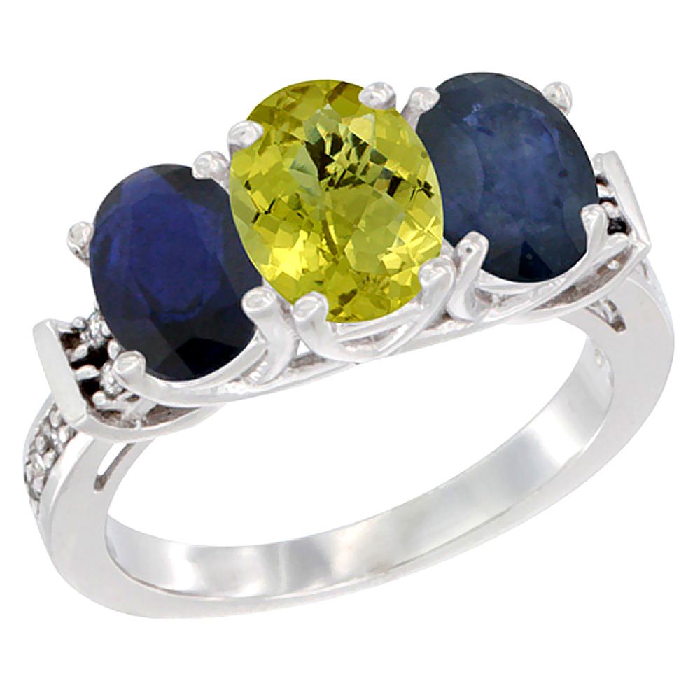10K White Gold Natural Lemon Quartz & Blue Sapphire Sides Ring 3-Stone Oval Diamond Accent, sizes 5 - 10