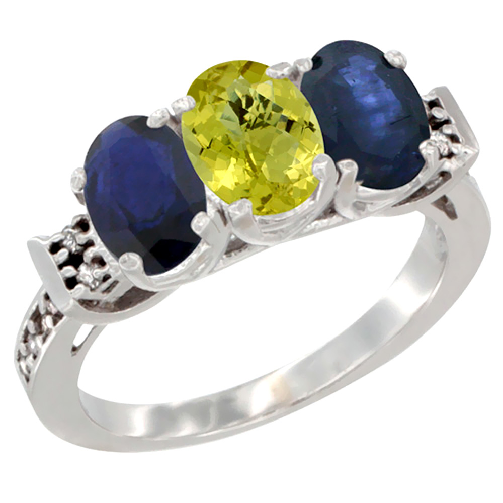 14K White Gold Natural Lemon Quartz &amp; Blue Sapphire Sides Ring 3-Stone Oval 7x5 mm Diamond Accent, sizes 5 - 10