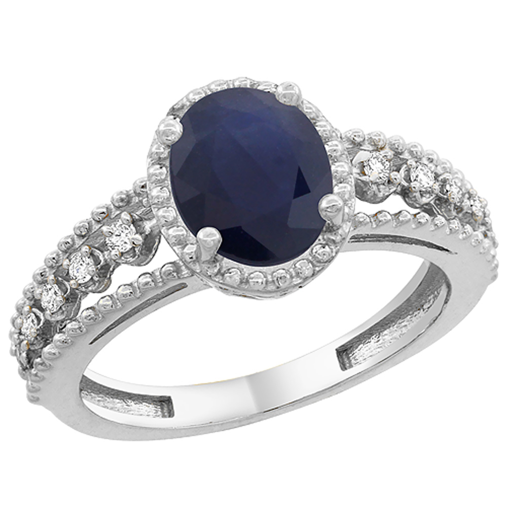 14K White Gold Natural Blue Sapphire Ring Oval 9x7 mm Floating Diamond Accents, sizes 5 - 10