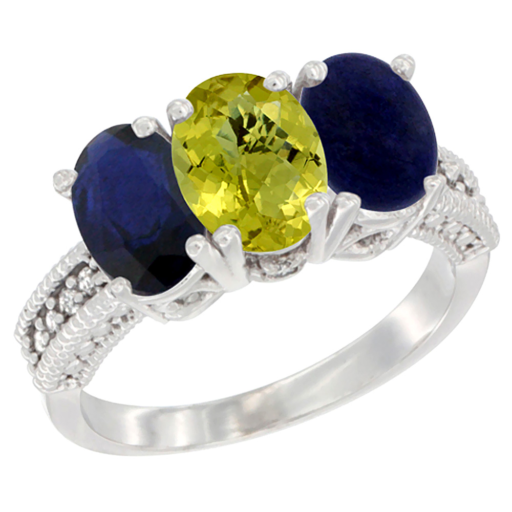 14K White Gold Natural Blue Sapphire, Lemon Quartz &amp; Lapis Ring 3-Stone 7x5 mm Oval Diamond Accent, sizes 5 - 10