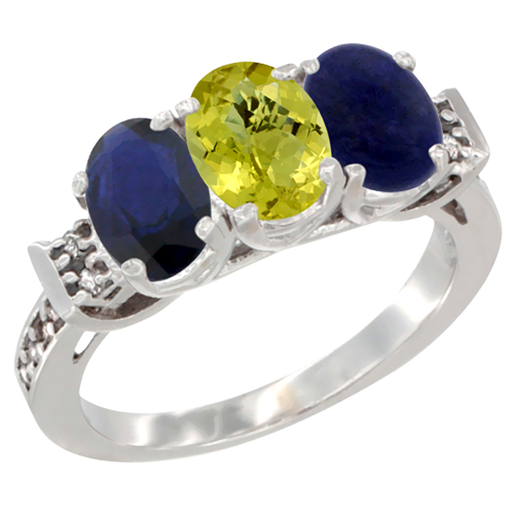 10K White Gold Natural Blue Sapphire, Lemon Quartz & Lapis Ring 3-Stone Oval 7x5 mm Diamond Accent, sizes 5 - 10