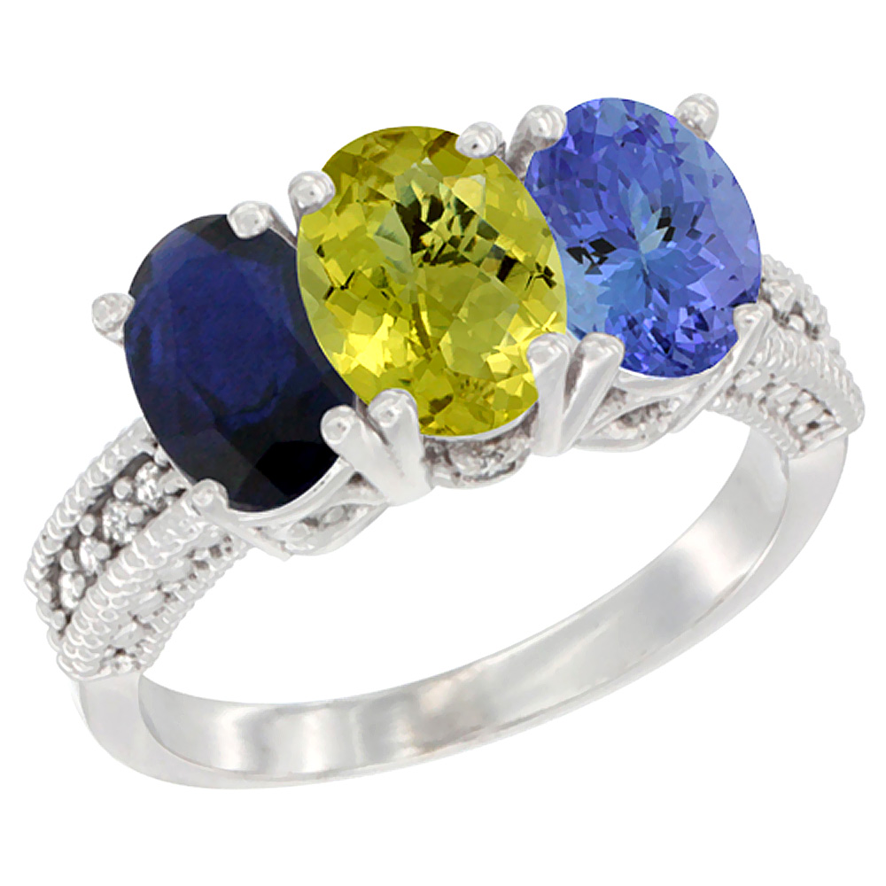 14K White Gold Natural Blue Sapphire, Lemon Quartz & Tanzanite Ring 3-Stone 7x5 mm Oval Diamond Accent, sizes 5 - 10