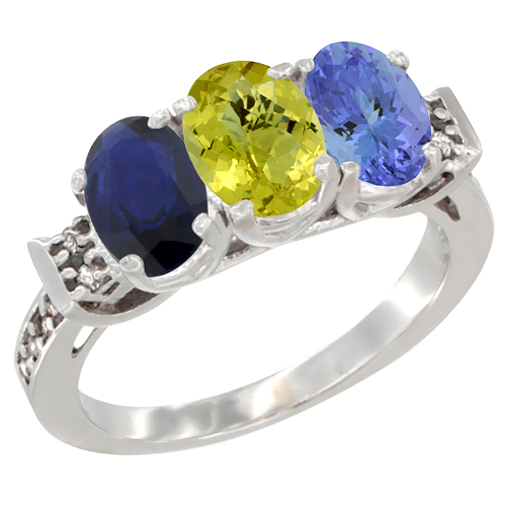 10K White Gold Natural Blue Sapphire, Lemon Quartz &amp; Tanzanite Ring 3-Stone Oval 7x5 mm Diamond Accent, sizes 5 - 10