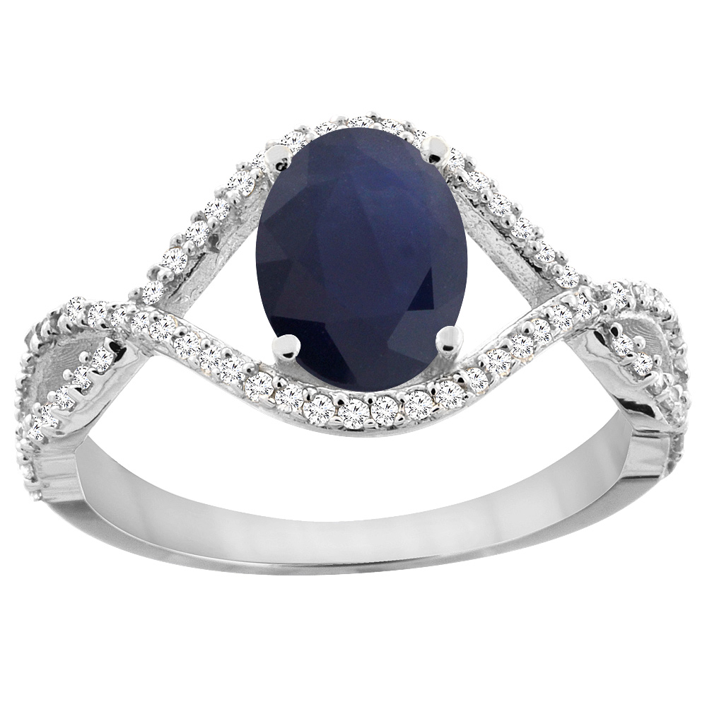 10K White Gold Diamond Natural Quality Blue Sapphire Infinity Engagement Ring Oval 8x6 mm, size 5 - 10