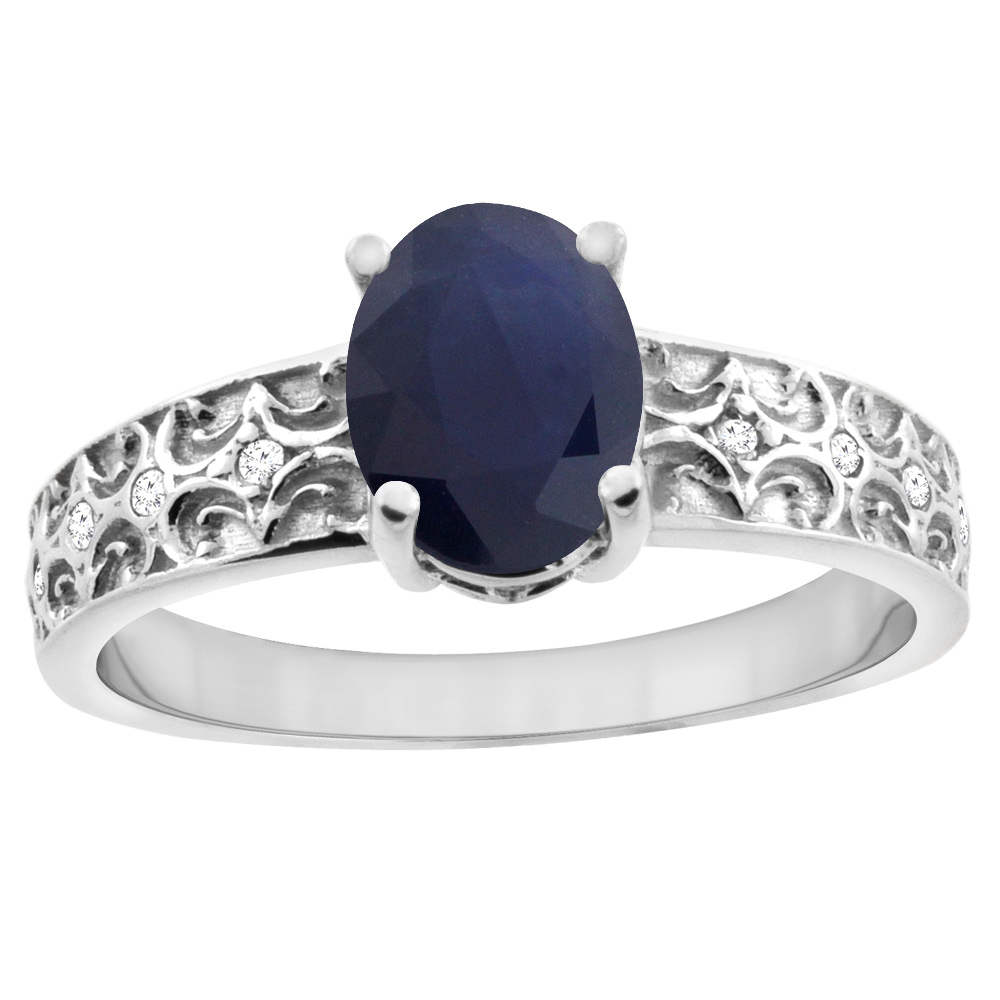 14K White Gold Natural Blue Sapphire Ring Oval 8x6 mm Diamond Accents, sizes 5 - 10