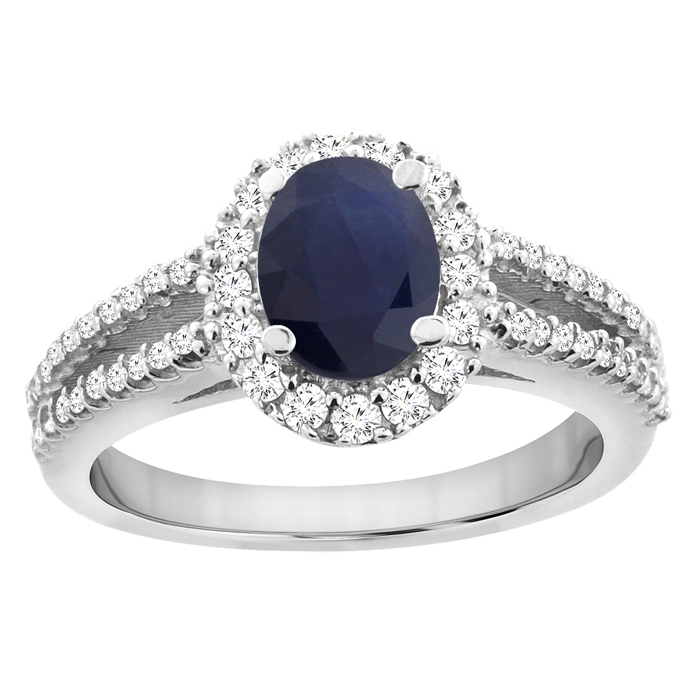 14K White Gold Natural Blue Sapphire Split Shank Halo Engagement Ring Oval 7x5 mm, sizes 5 - 10