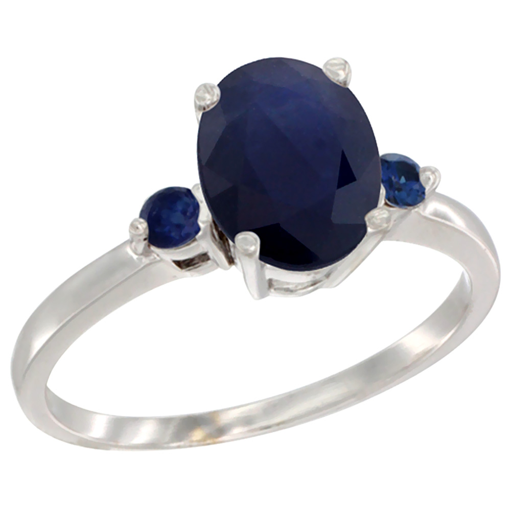 10K White Gold Natural Diffused Ceylon Sapphire Ring Oval 9x7 mm Blue Sapphire Accent, sizes 5 to 10