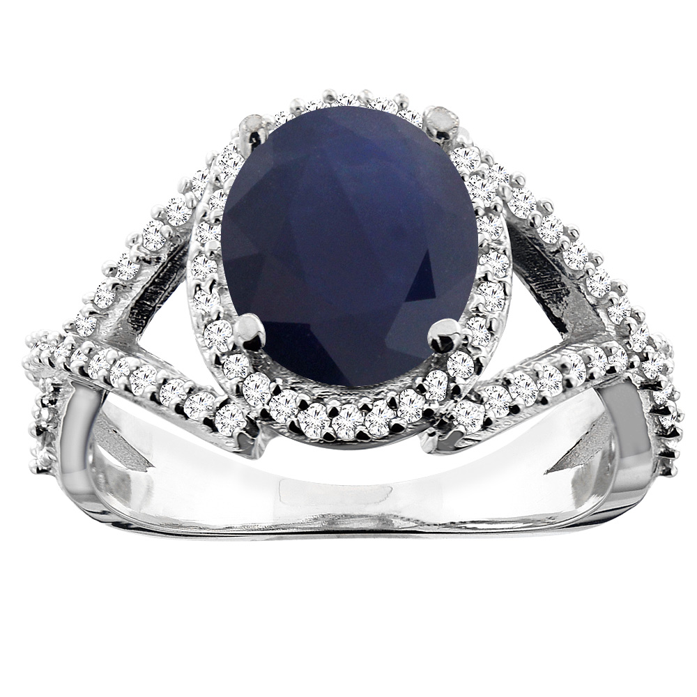 10K White/Yellow/Rose Gold Natural Blue Sapphire Ring Oval 9x7mm Diamond Accent, sizes 5 - 10