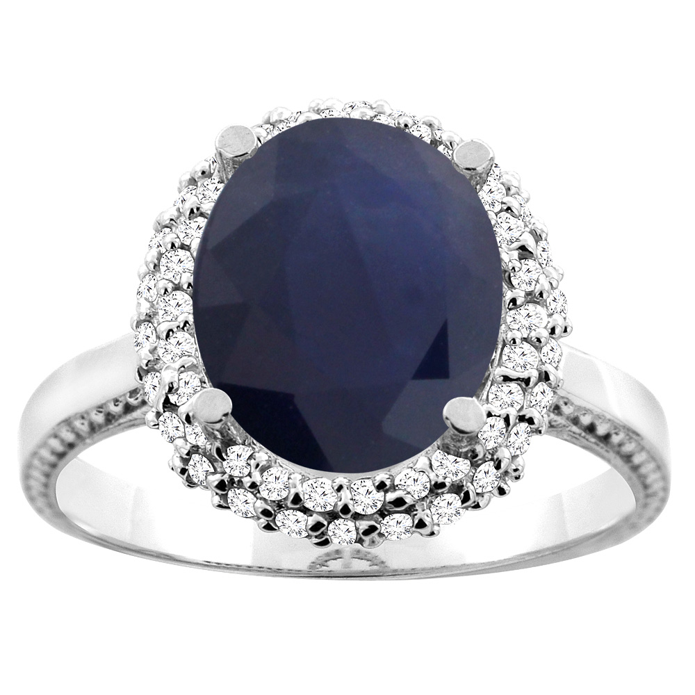 10K White/Yellow Gold Natural Blue Sapphire Double Halo Ring Oval 10x8mm Diamond Accent, sizes 5 - 10