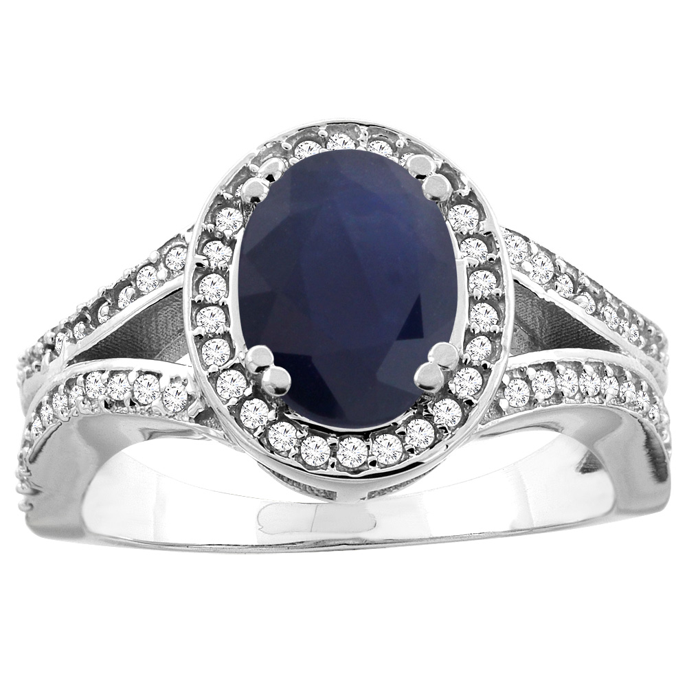10K White/Yellow Gold Natural Blue Sapphire Split Ring Oval 8x6mm Diamond Accent, sizes 5 - 10
