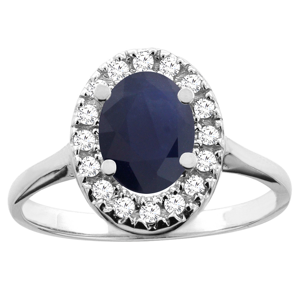 10K White/Yellow Gold Natural Blue Sapphire Ring Oval 8x6mm Diamond Accent, sizes 5 - 10