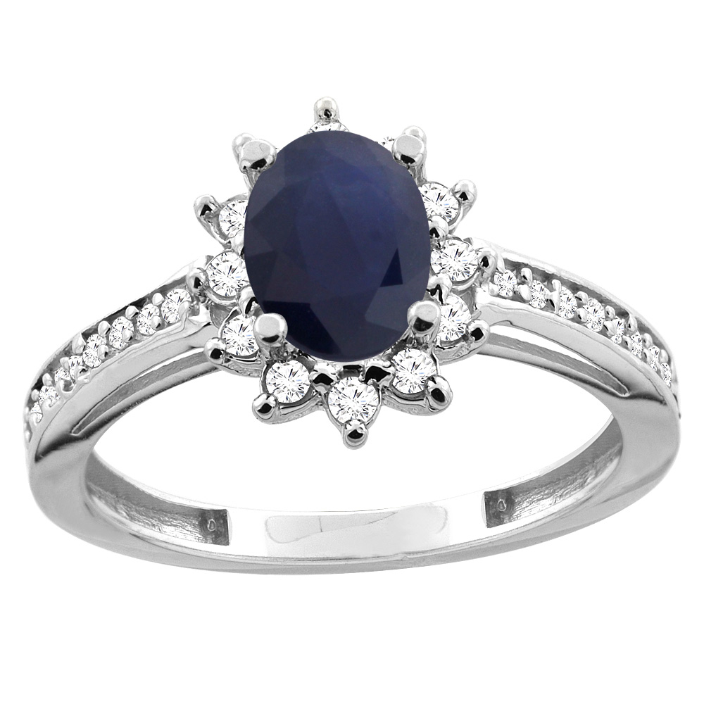 14K White/Yellow Gold Diamond Natural Blue Sapphire Floral Halo Engagement Ring Oval 7x5mm, sizes 5 - 10