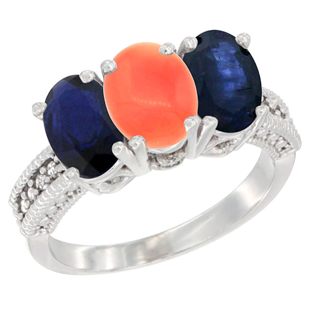14K White Gold Natural Coral &amp; Blue Sapphire Sides Ring 3-Stone 7x5 mm Oval Diamond Accent, sizes 5 - 10