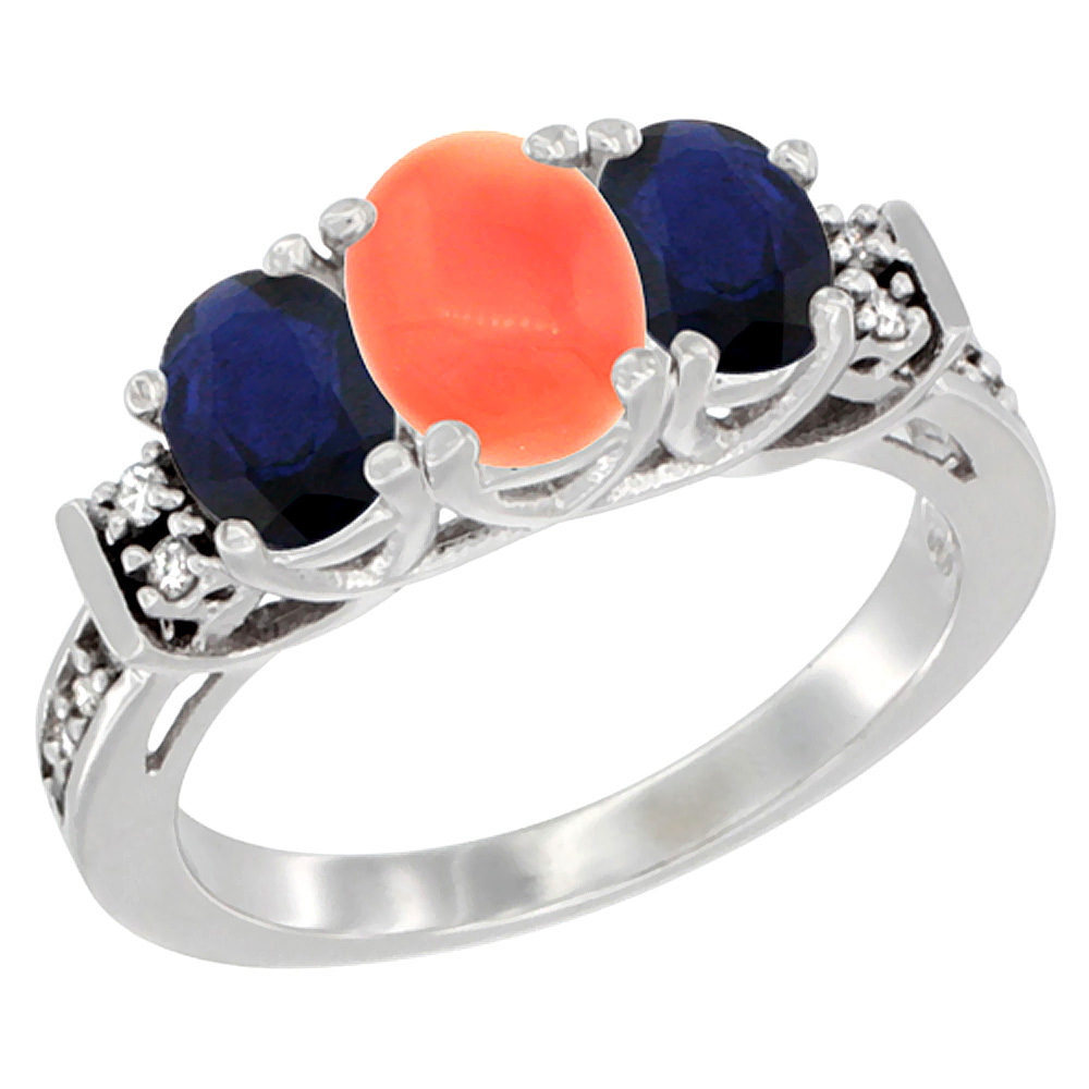 14K White Gold Natural Coral &amp; Quality Blue Sapphire 3-stone Mothers Ring Oval Diamond Accent, size 5-10