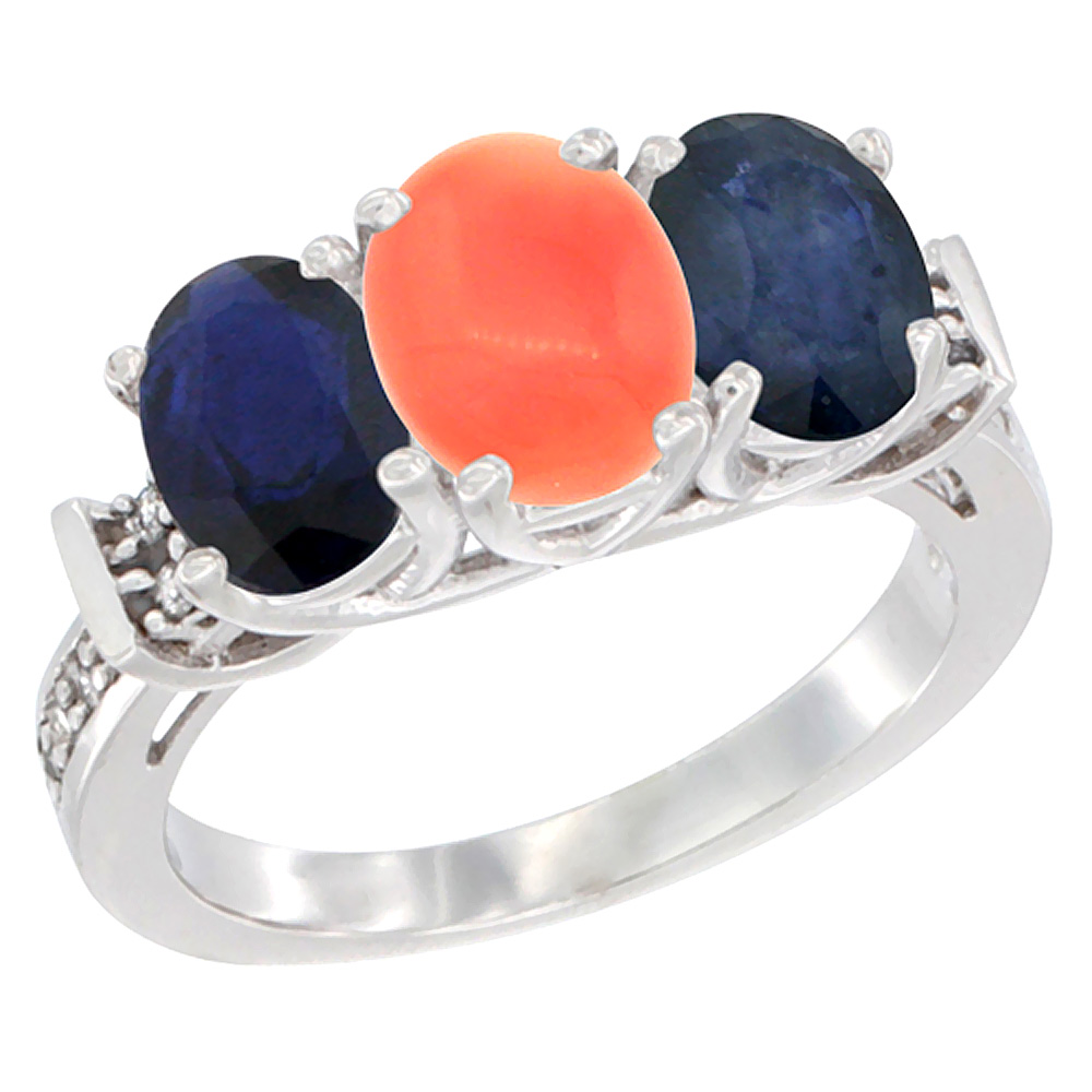 10K White Gold Natural Coral &amp; Blue Sapphire Sides Ring 3-Stone Oval Diamond Accent, sizes 5 - 10
