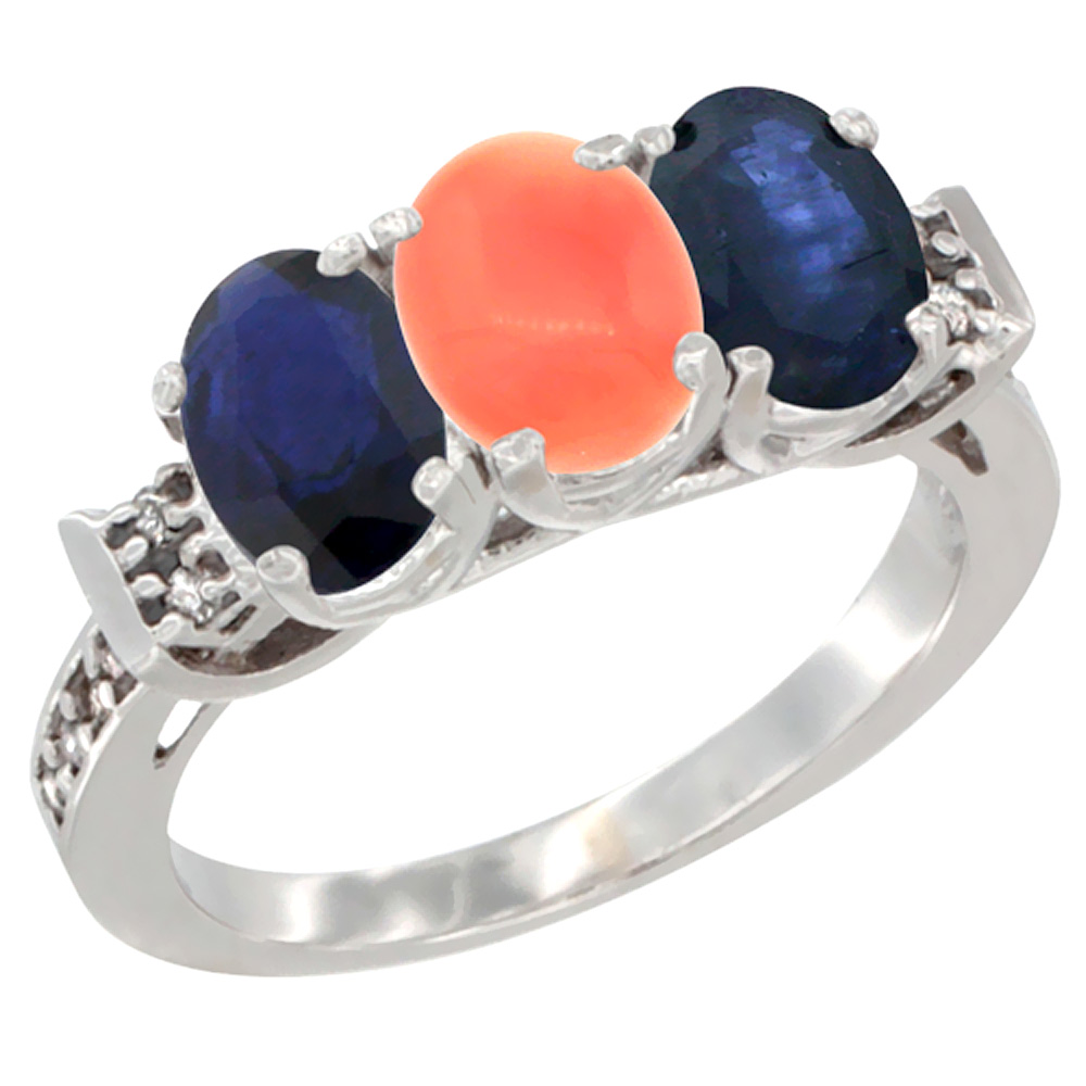 14K White Gold Natural Coral & Blue Sapphire Sides Ring 3-Stone Oval 7x5 mm Diamond Accent, sizes 5 - 10