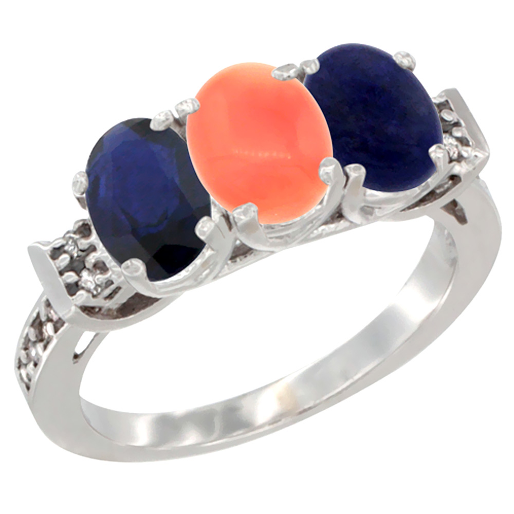 10K White Gold Natural Blue Sapphire, Coral &amp; Lapis Ring 3-Stone Oval 7x5 mm Diamond Accent, sizes 5 - 10