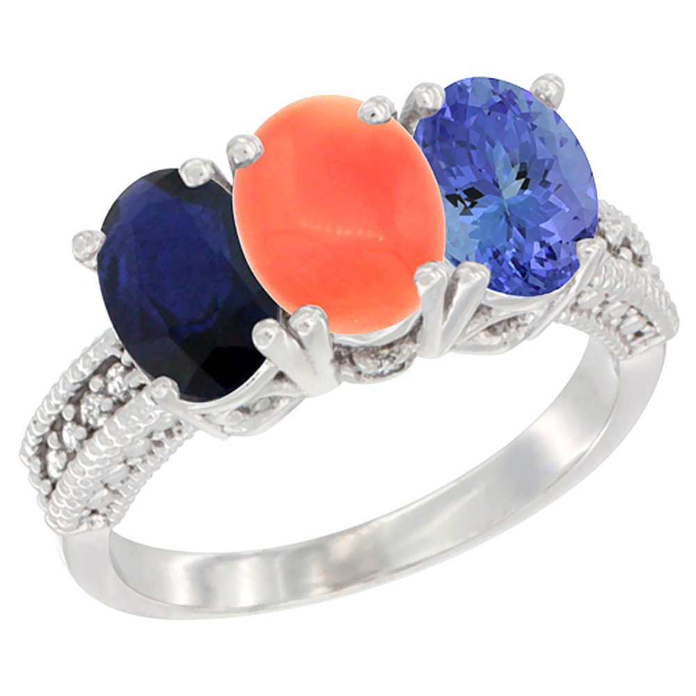 14K White Gold Natural Blue Sapphire, Coral & Tanzanite Ring 3-Stone 7x5 mm Oval Diamond Accent, sizes 5 - 10