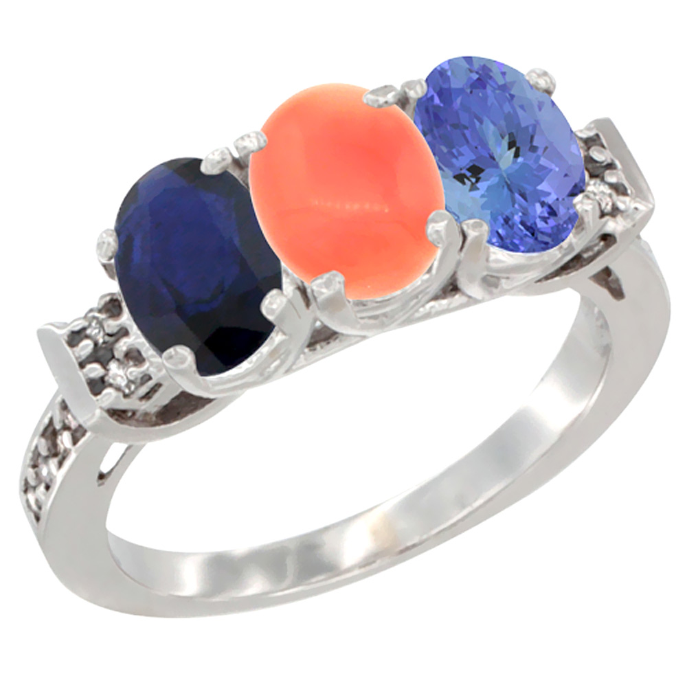 14K White Gold Natural Blue Sapphire, Coral & Tanzanite Ring 3-Stone Oval 7x5 mm Diamond Accent, sizes 5 - 10