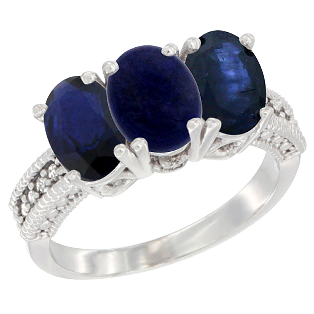 14K White Gold Natural Lapis &amp; Blue Sapphire Sides Ring 3-Stone 7x5 mm Oval Diamond Accent, sizes 5 - 10