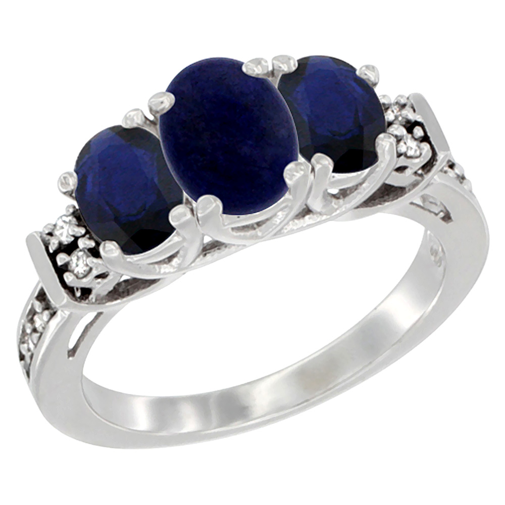 10K White Gold Natural Lapis &amp; Quality Blue Sapphire 3-stone Mothers Ring Oval Diamond Accent, size 5-10