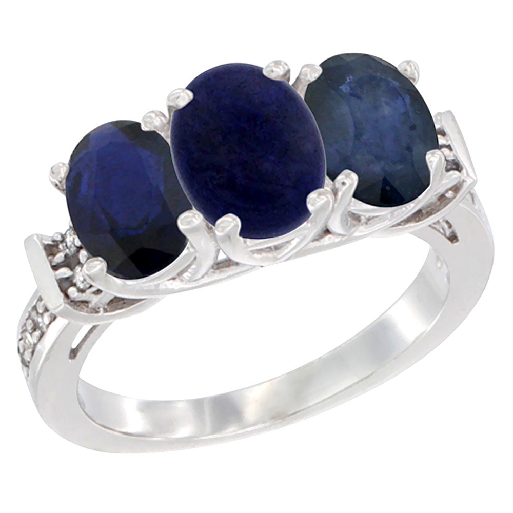 10K White Gold Natural Lapis &amp; Blue Sapphire Sides Ring 3-Stone Oval Diamond Accent, sizes 5 - 10