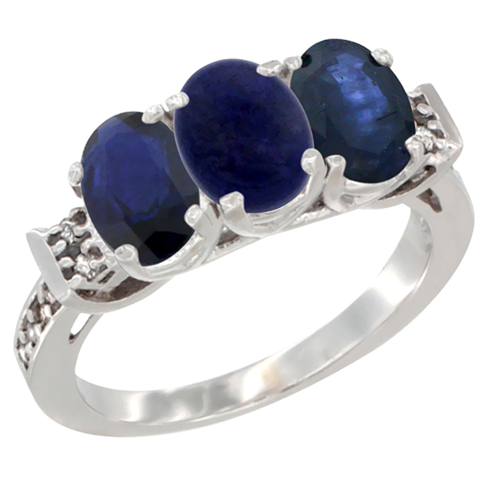 14K White Gold Natural Lapis & Blue Sapphire Sides Ring 3-Stone Oval 7x5 mm Diamond Accent, sizes 5 - 10