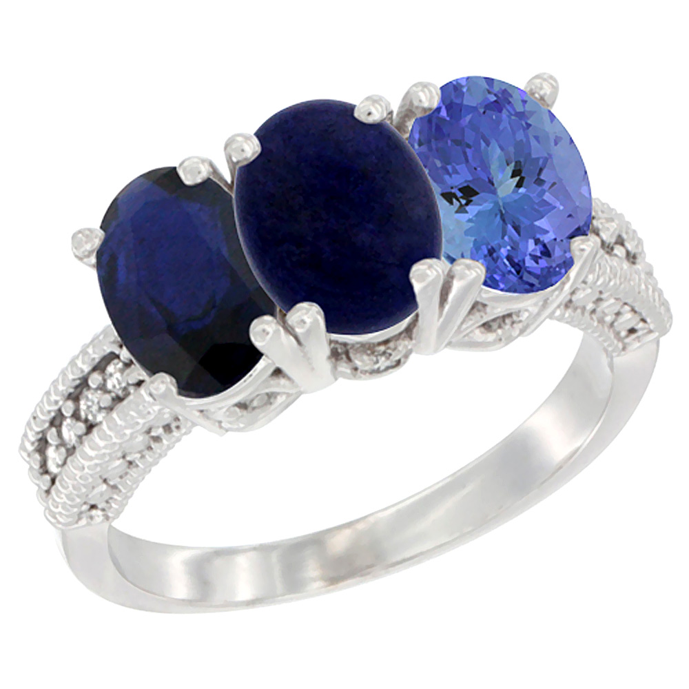 14K White Gold Natural Blue Sapphire, Lapis & Tanzanite Ring 3-Stone 7x5 mm Oval Diamond Accent, sizes 5 - 10