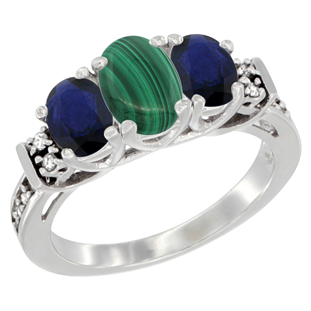 14K White Gold Natural Malachite & Quality Blue Sapphire 3-stone Mothers Ring Oval Diamond Accent, sz5-10