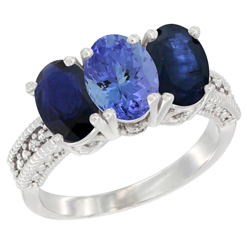 14K White Gold Natural Tanzanite &amp; Blue Sapphire Sides Ring 3-Stone 7x5 mm Oval Diamond Accent, sizes 5 - 10