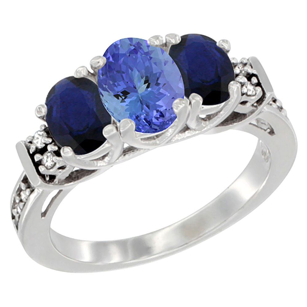 10K White Gold Natural Tanzanite &amp; Quality Blue Sapphire 3-stone Mothers Ring Oval Diamond Accent, sz5-10