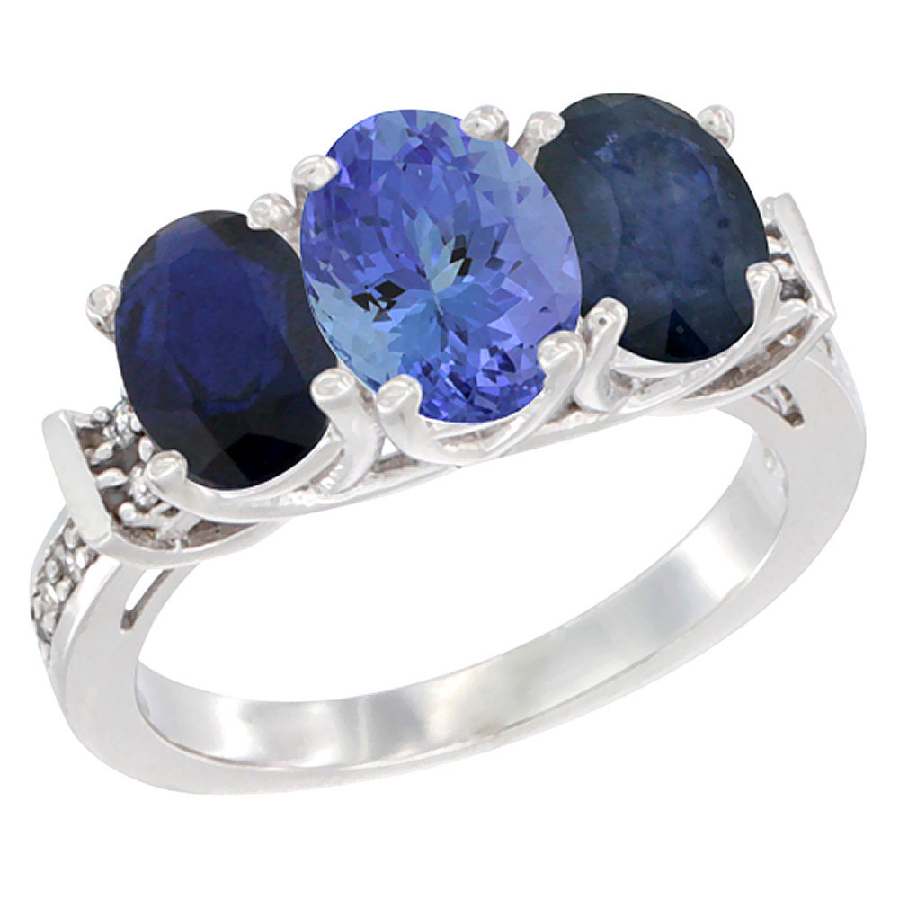 10K White Gold Natural Tanzanite &amp; Blue Sapphire Sides Ring 3-Stone Oval Diamond Accent, sizes 5 - 10