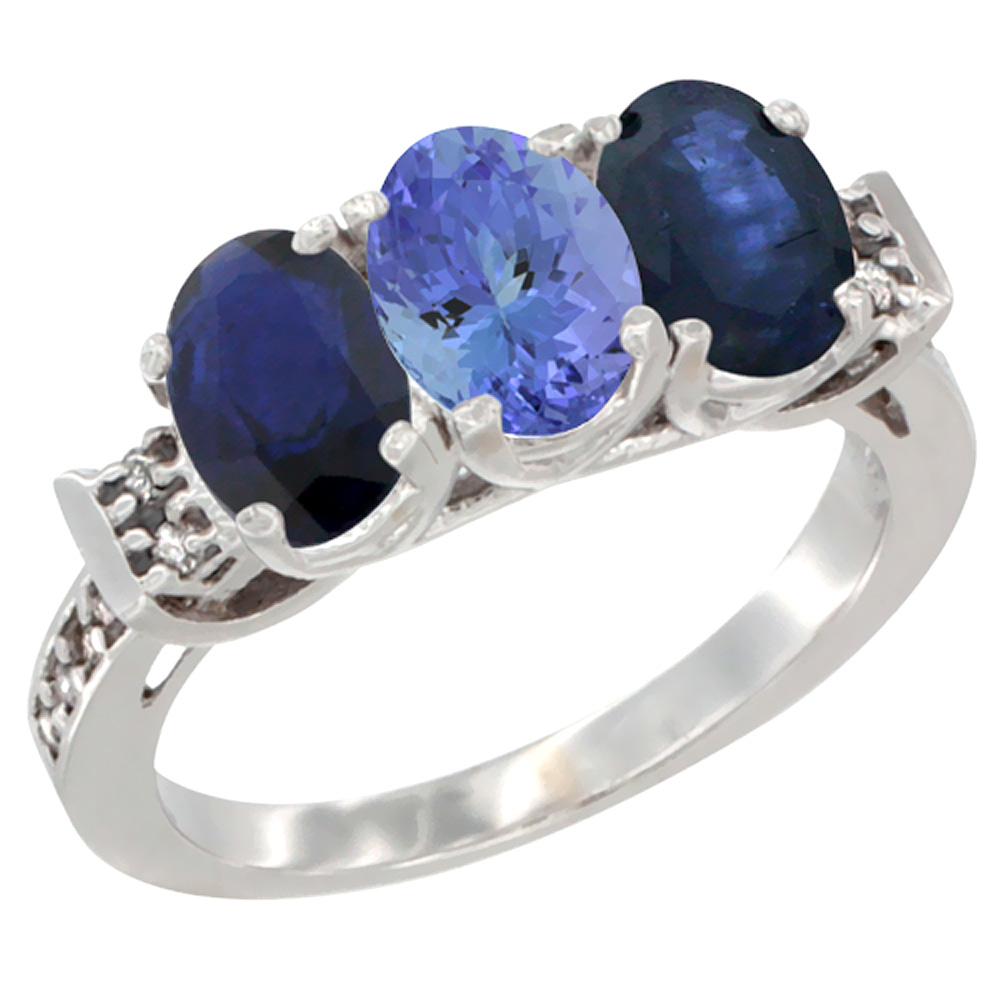 14K White Gold Natural Tanzanite &amp; Blue Sapphire Sides Ring 3-Stone Oval 7x5 mm Diamond Accent, sizes 5 - 10