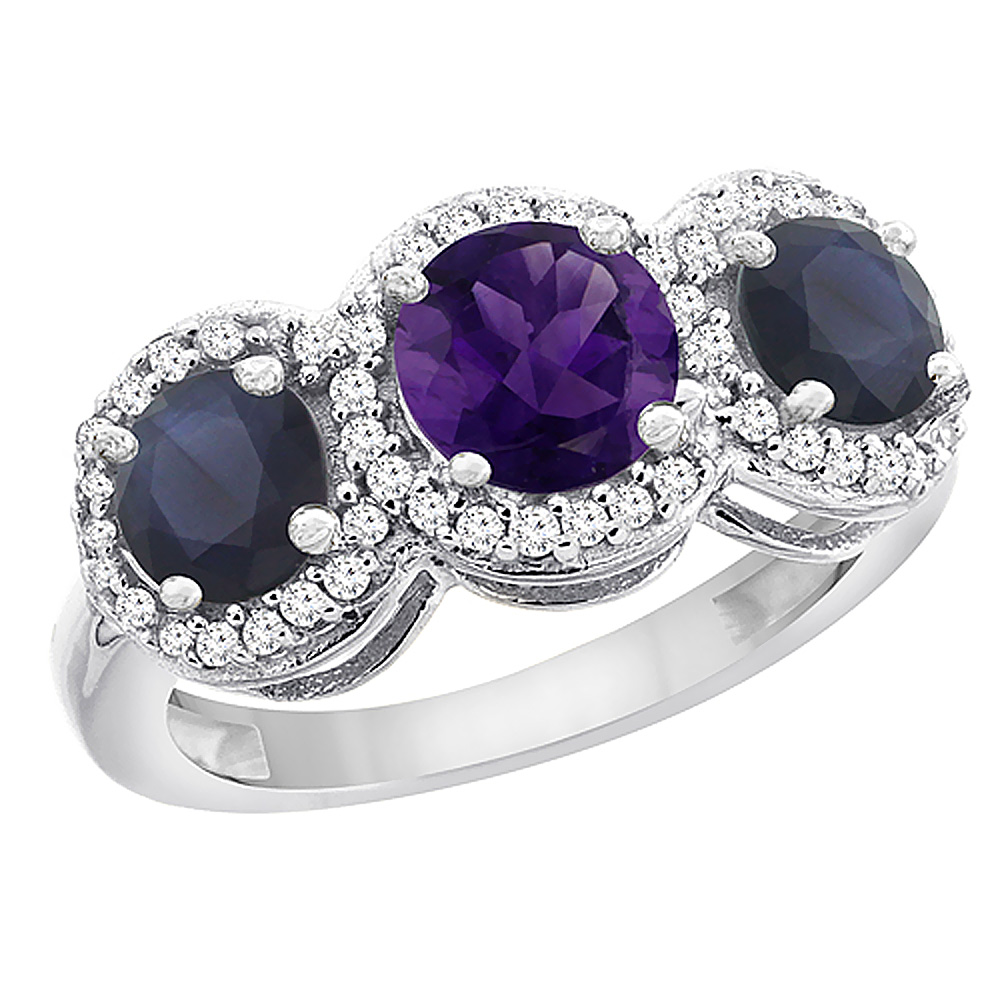 10K White Gold Natural Amethyst &amp; High Quality Blue Sapphire Sides Round 3-stone Ring Diamond Accents, sizes 5 - 10