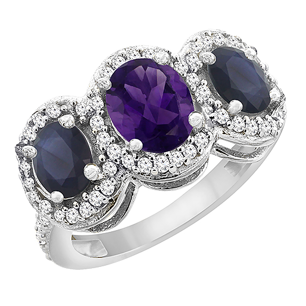 10K White Gold Natural Amethyst & Quality Blue Sapphire 3-stone Mothers Ring Oval Diamond Accent,sz5 - 10