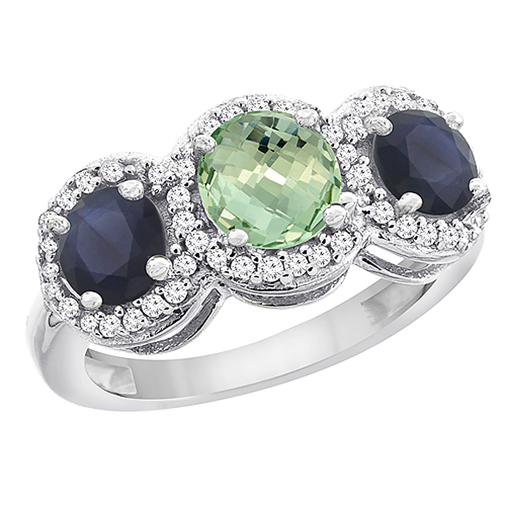 10K White Gold Natural Green Amethyst &amp; High Quality Blue Sapphire Sides Round 3-stone Ring Diamond Accents, sizes 5 - 10