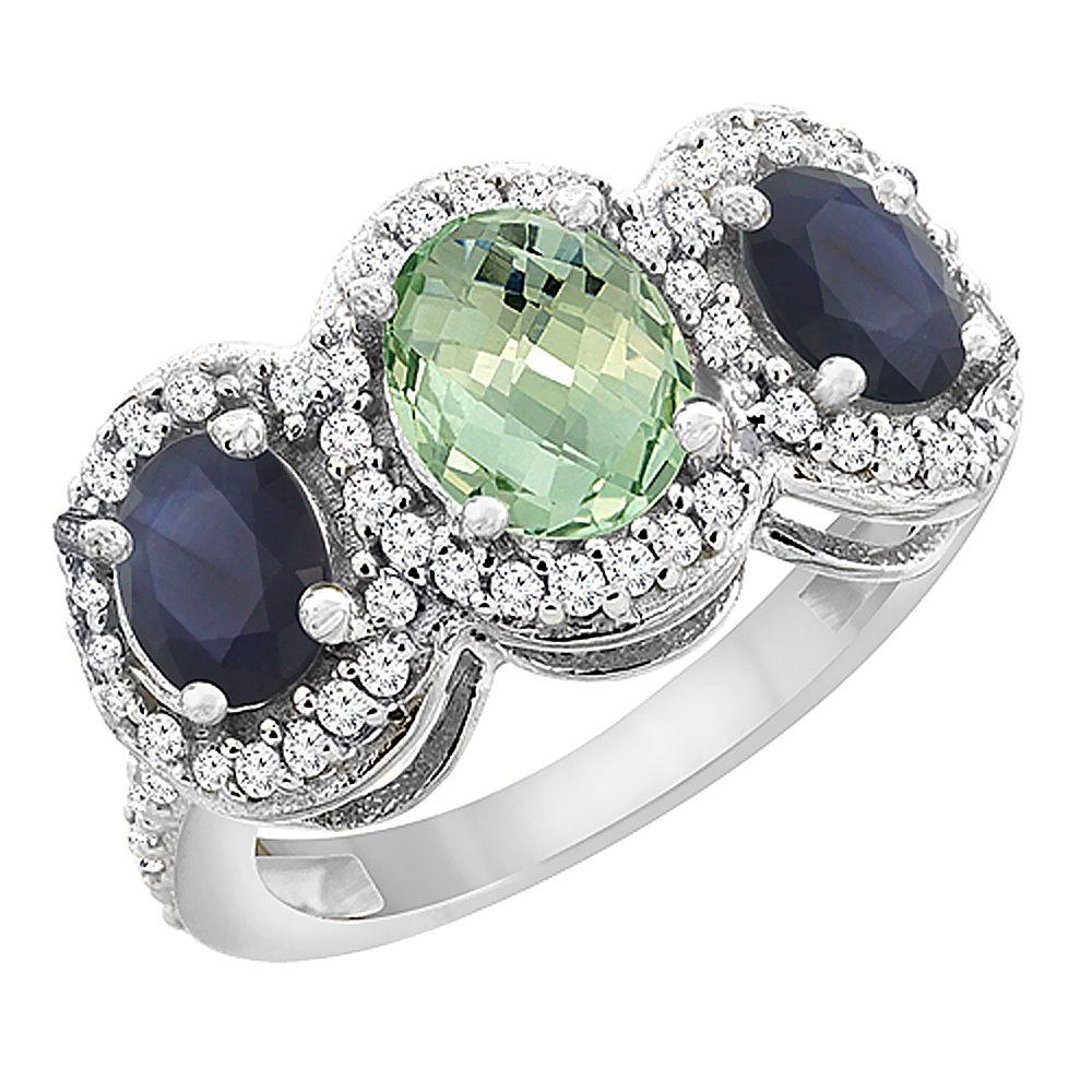 10K White Gold Diamond Natural Green Amethyst 7x5mm&amp;6x4mmQuality Blue Sapphire Oval 3-stone Ring,sz5 - 10