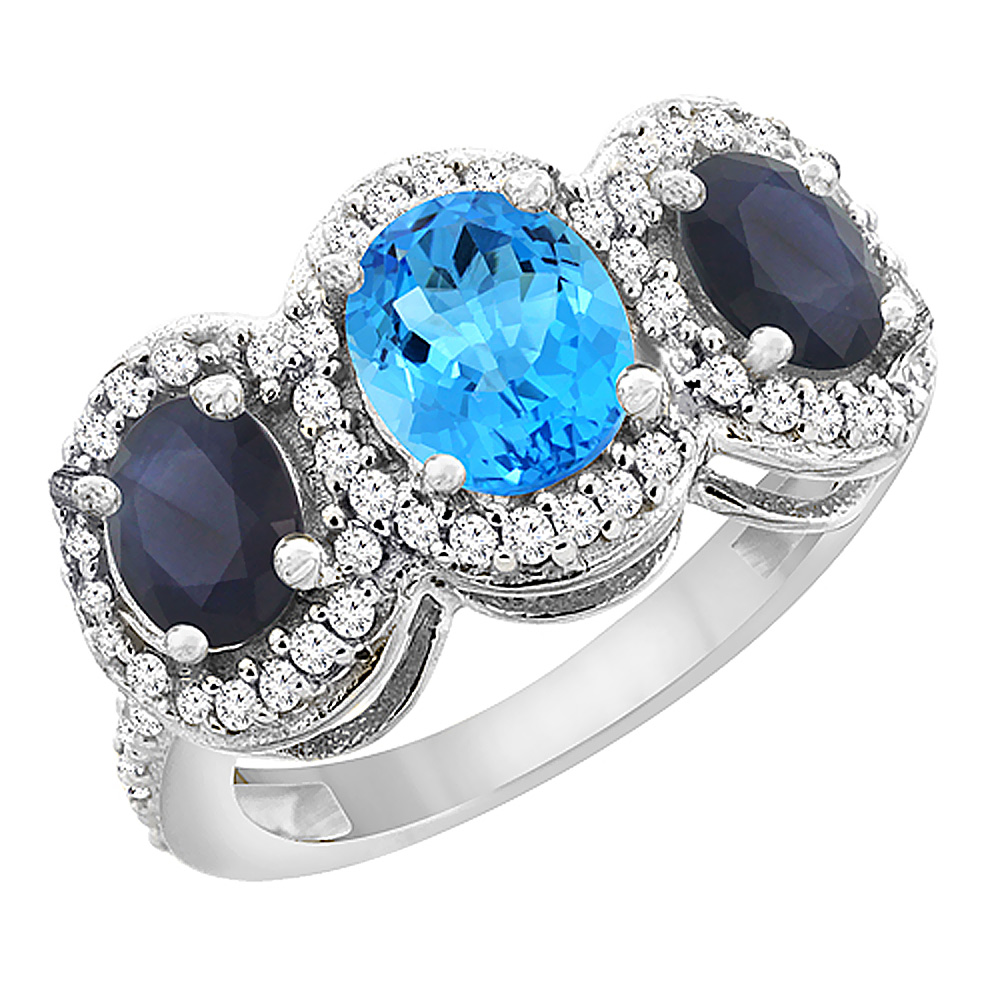 10K White Gold Diamond Natural Swiss Blue Topaz 7x5mm&6x4mmQuality Blue Sapphire Oval 3-stone Ring,sz5-10