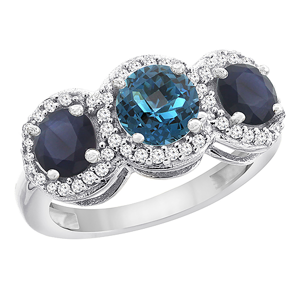 10K White Gold Natural London Blue Topaz &amp; High Quality Blue Sapphire Sides Round 3-stone Ring Diamond Accents, sizes 5 - 10
