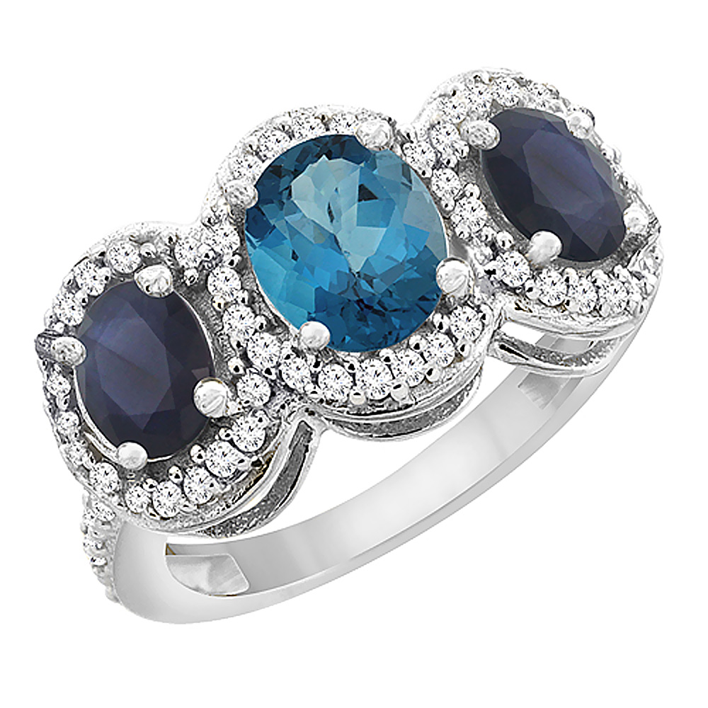 10K White Gold Diamond Natural London Blue Topaz 7x5mm&amp;6x4mmQualityBlue Sapphire 3-stone Ring Oval,sz5-10