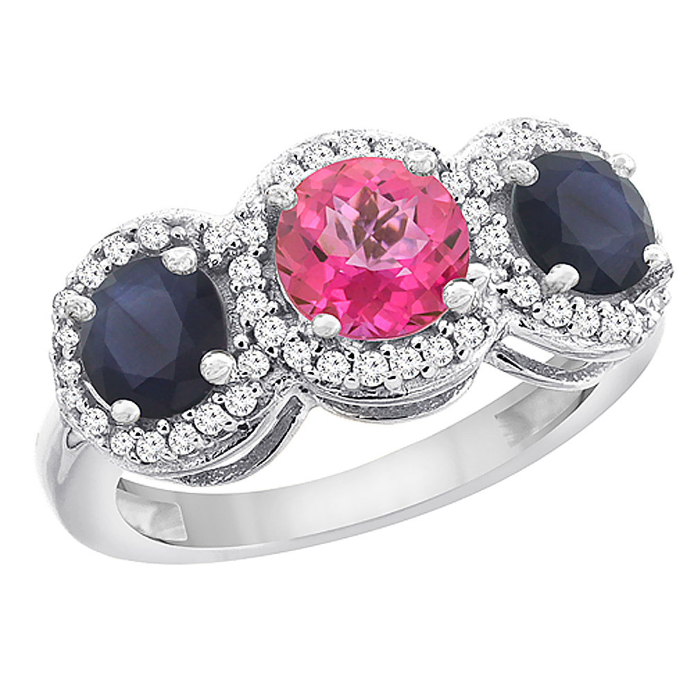 10K White Gold Natural Pink Topaz &amp; High Quality Blue Sapphire Sides Round 3-stone Ring Diamond Accents, sizes 5 - 10